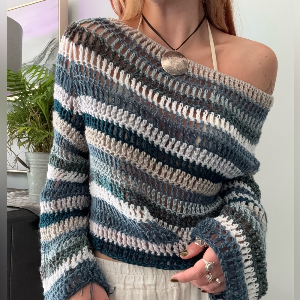 Boho Striped Open-Knit Sweater - Blue, Grey & Cream